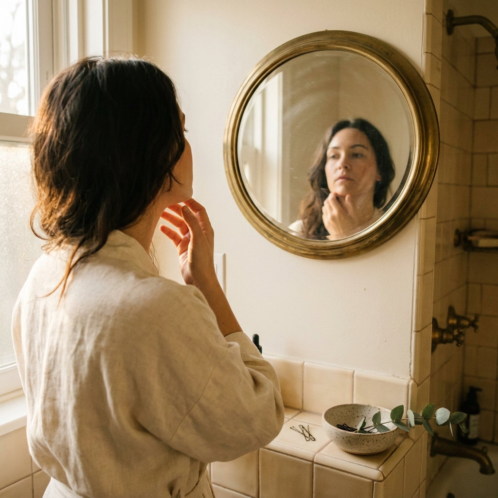 Studying her jawline in the bathroom mirror