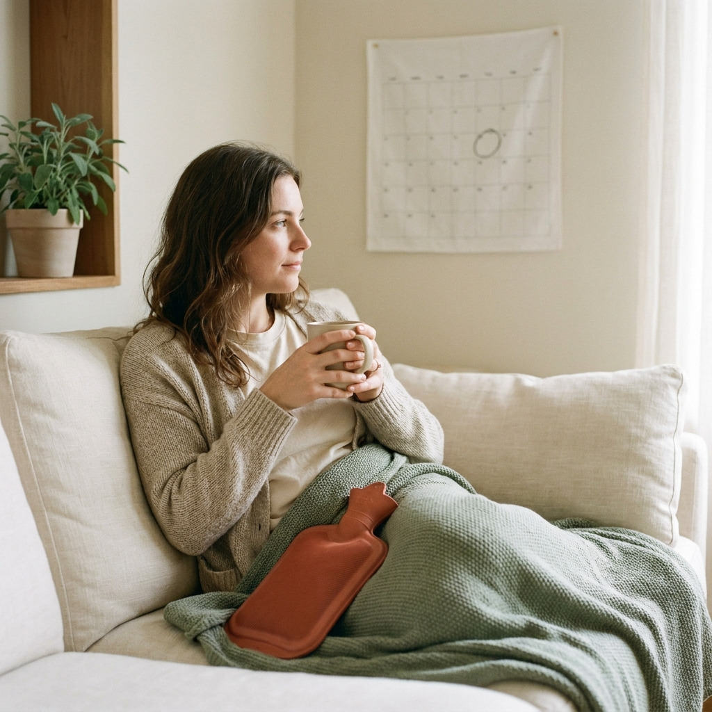 Resting on the sofa with a hot water bottle