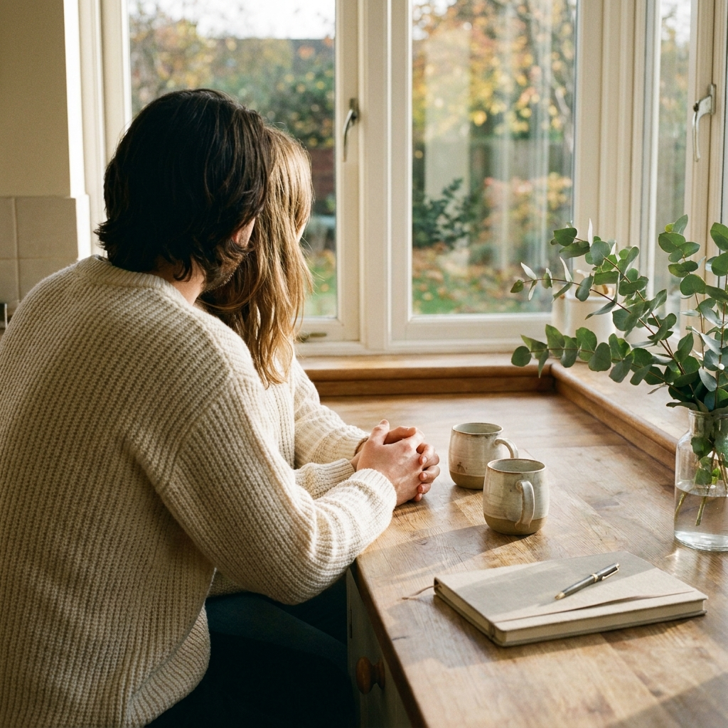 A couple at the window, hands held